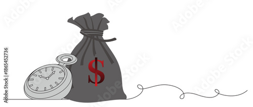 image of alarm clock and sack of coins isolated on white background, Time vs money concept