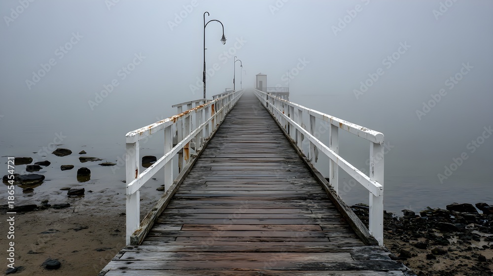 Fototapeta premium Long jetty disappearing into fog eerie atmosphere smooth water mystery minimalism mood landscape tranquility scene