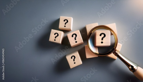 premium photo of identifying and understanding issues through root cause analysis using a magnifying glass on wooden cubes with question marks on a grey background