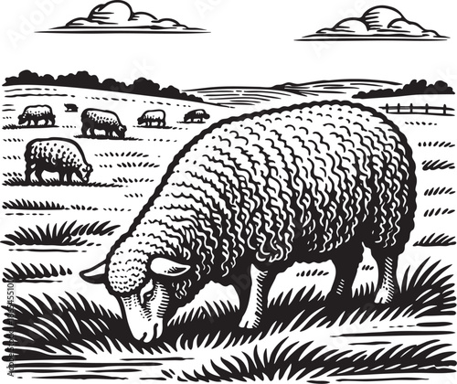 Grazing Sheep Pasture Landscape Linocut Etching Illustration