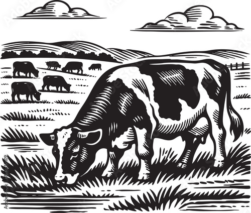Grazing Cow Pasture Landscape Linocut Etching Illustration