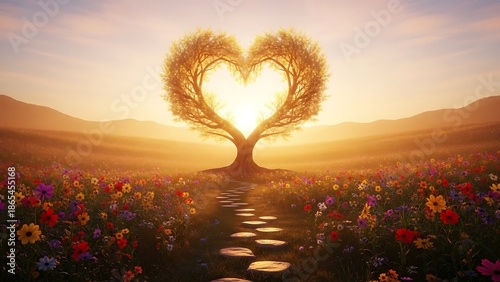 Love's Embrace: A tree shaped like a heart, radiating love, standing proudly amidst a vibrant field of colorful flowers, bathed in the warmth of the sun's gentle embrace.