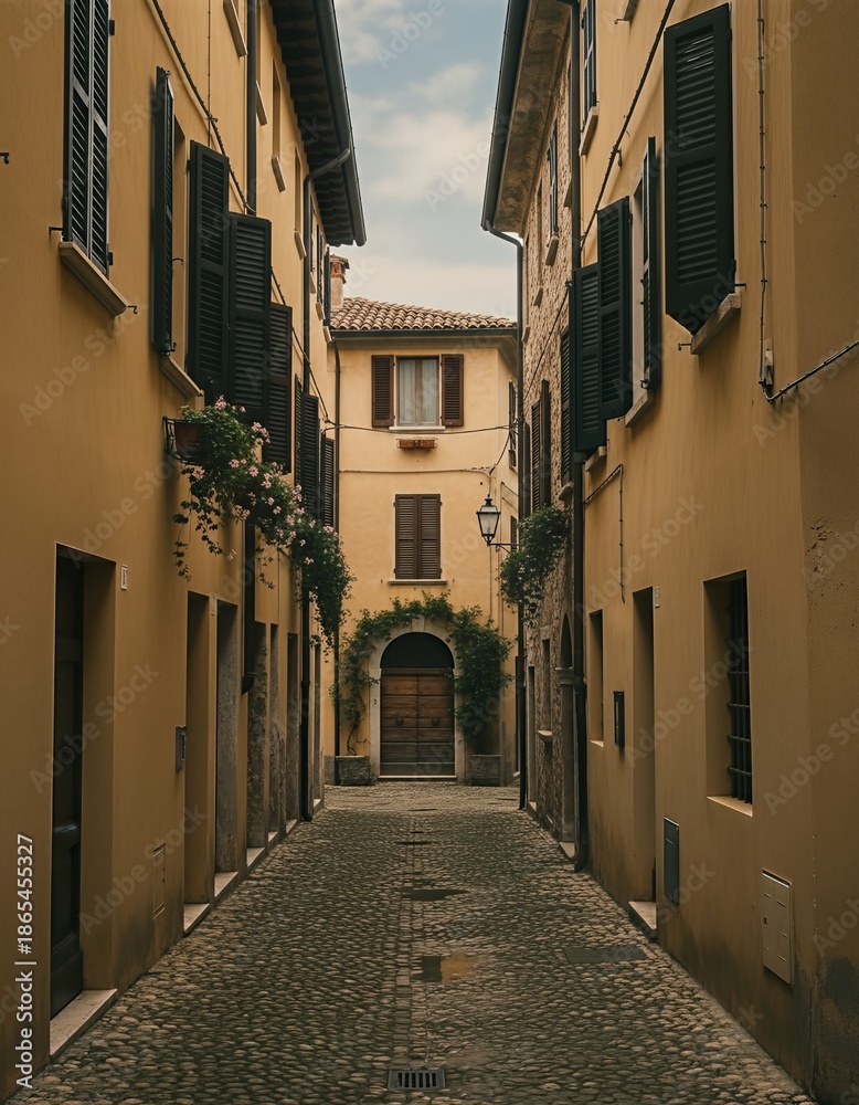 Obraz premium Narrow cobblestone street leading towards a charming old wooden door at the end of a picturesque European town alley lined with traditional buildings and flowering plants.