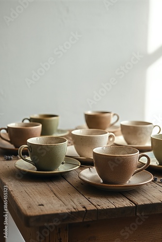Wallpaper Mural Collection of ceramic coffee cups and saucers in earthy tones arranged neatly on a rustic wooden table, ready for a cozy beverage experience. Torontodigital.ca
