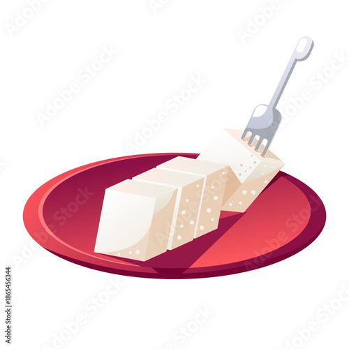 a plate with pieces of ketupat that have been cut and are about to be eaten, a fork with a piece of ketupat that is lifted up