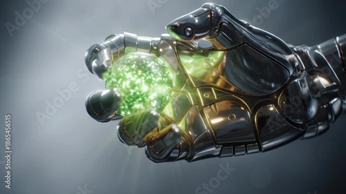 Robotic Hand Reaching Toward Glowing Green Energy Sphere Closeup Futuristic Technology Concept