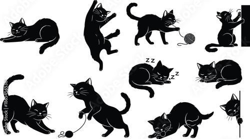 Black cat silhouettes showing playful sleeping stretching jumping poses cute pet animal collection vector illustration design set for stock content