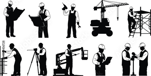 Construction worker silhouettes illustrating building engineering teamwork machinery tools safety planning industrial site vector illustration set professional labor