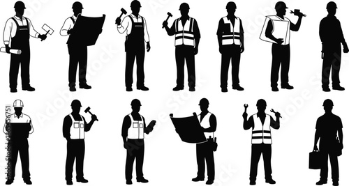 Construction worker silhouettes set showing builders engineers laborers with tools safety equipment planning industrial job roles vector illustration