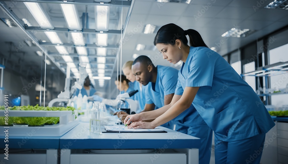 Obraz premium Diverse Scientists Working in Modern Laboratory with Plants and Advanced Equipment.
