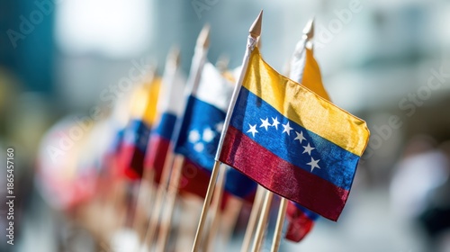 Display of Venezuelan flags at an outdoor event celebrating national pride in a city setting