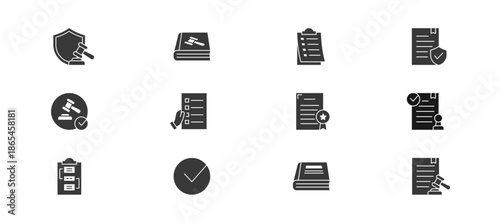 Law And Compliance icon set containing law, code of conduct, rules, policy, compliance, requirement, license, conform, procedures, verify, guideline, regulation vector icons
