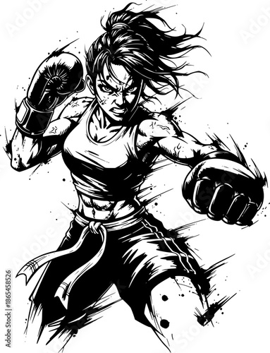 Powerful Female Boxer Action Illustration in Black and White Ink Style for Sports Design, Boxing Posters, Fitness Motivation, Strong Woman Concept, and Dynamic Graphic Art