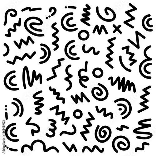 Abstract hand drawn doodle seamless pattern with black squiggles and shapes