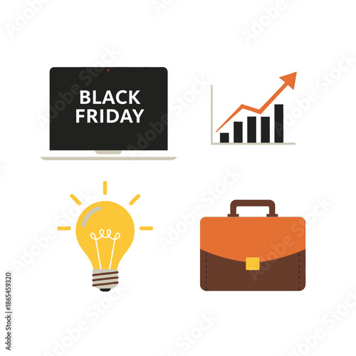 Black Friday sales event on laptop with briefcase and lightbulb ideas