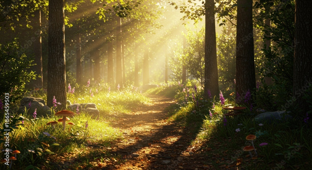 Obraz premium Forest path sunlight through trees nature landscape