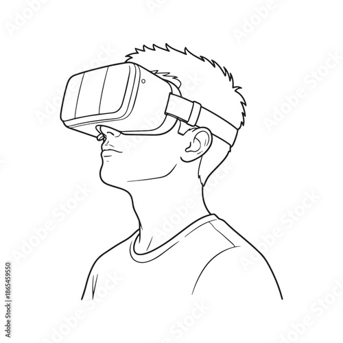 Man wearing virtual reality headset vector illustration. Simple line art drawing of male user experiencing VR technology in goggles.

