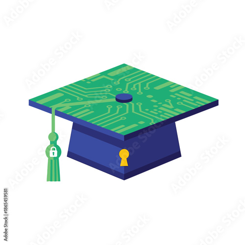 Graduation cap with circuit board and lock on white background