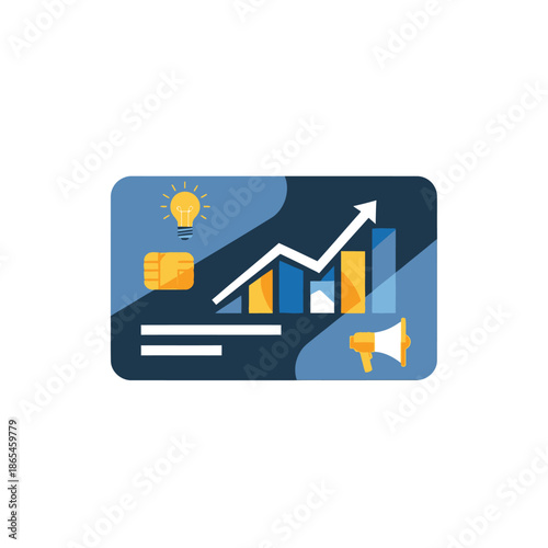 Business growth graph on a card with a light bulb and megaphone nearby indoors