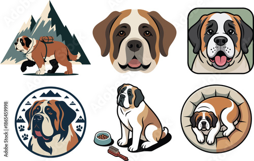 Saint bernard cute poses with mountain badge bowl and phone icons