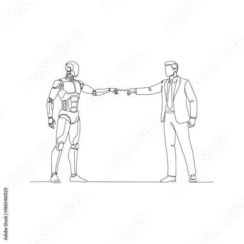 Continuous line drawing of robot and human touching fingers. Vector illustration of artificial intelligence connection with businessman in Creation of Adam style.

