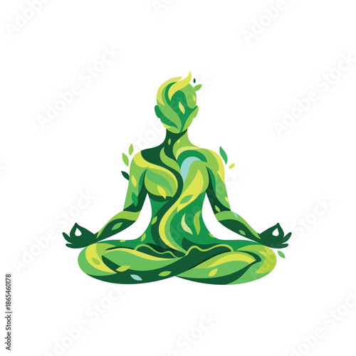 A person made of green leaves sits in a meditative yoga pose on the ground.