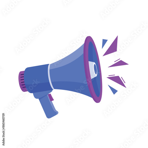 A blue megaphone loudly announces with purple accents and sound waves.