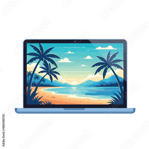 A laptop displays a serene tropical beach scene with palm trees at sunset on the screen.