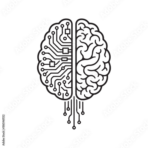Human brain vs artificial intelligence concept vector. Half circuit board technology and half organic biological mind illustration representing logic and creativity.
