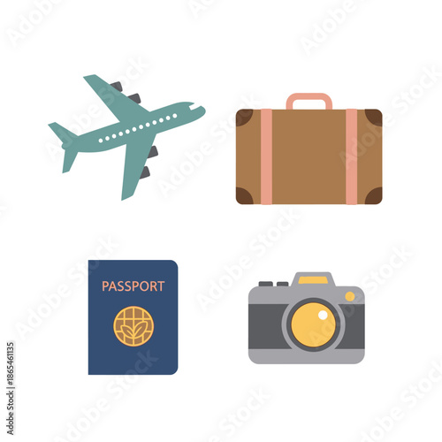 Travel essentials including airplane, suitcase, passport, and camera on display.