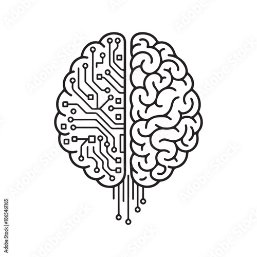 Human brain vs artificial intelligence concept vector. Half circuit board technology and half organic biological mind illustration representing logic and creativity.
