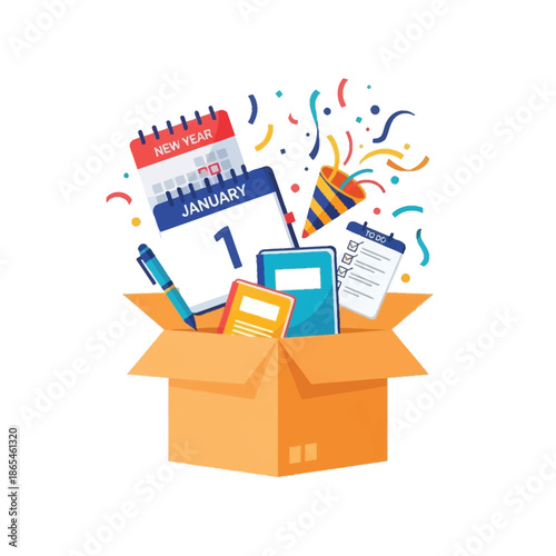 A box overflowing with office supplies and party decorations on New Year's Day celebration