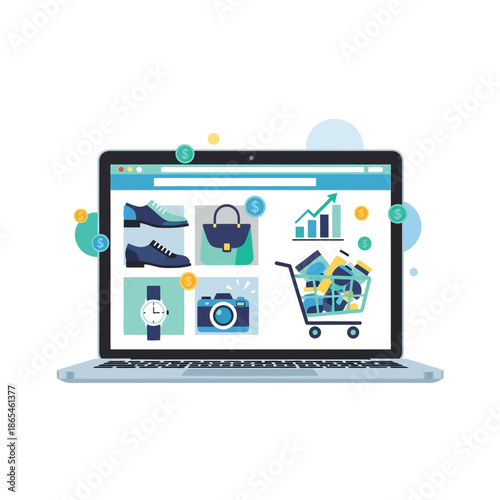 Online shopping on laptop with various products displayed on screen and cart