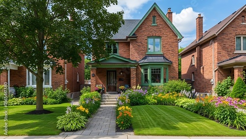 View of house exterior and front garden in summer, toronto, ontario, canada