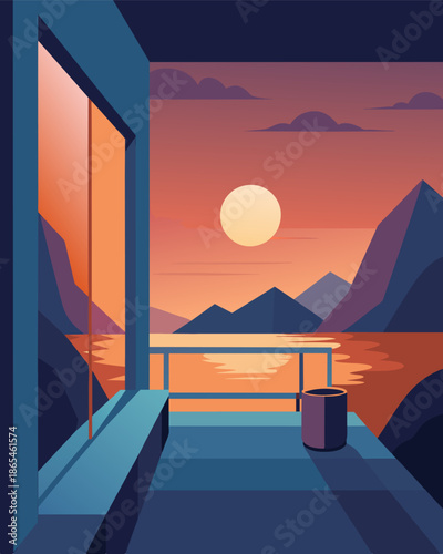 A balcony with a stunning view of the sunrise providing an inspiring start to a day of remote work.. Vector illustration