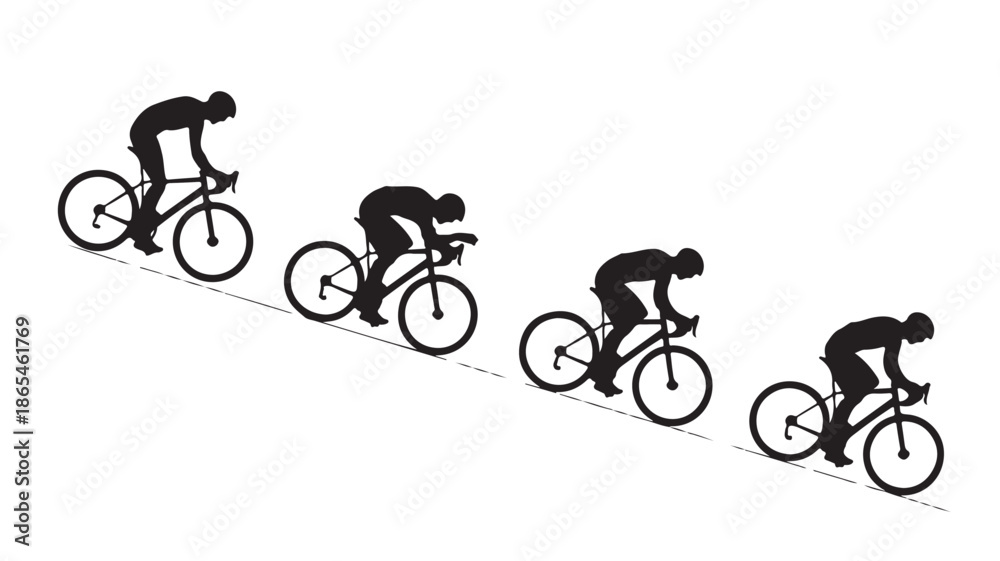 Fototapeta premium Cyclists racing downhill in dynamic silhouette style with high contrast black and white graphic illustration for sports marketing and competition design.