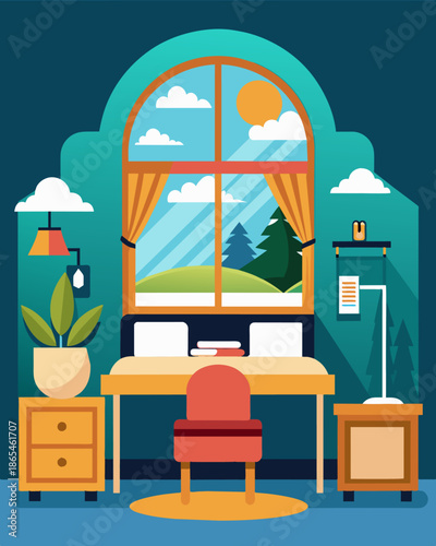 A beautifully decorated hotel room with a designated work area allowing for a perfect balance between work and relaxation.. Vector illustration
