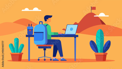 A backpack serves as a desk as the worker takes advantage of a momentary break in their desert travels to catch up on emails and online meetings.. Vector illustration