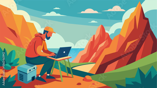 A backpacker takes a break from his hike setting up his portable workstation on a large smooth rock in the middle of a picturesque valley.. Vector illustration