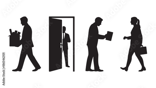 Business People Silhouettes Minimalist Professional Black and White Vector Graphic for Employment Changes and HR Topics
