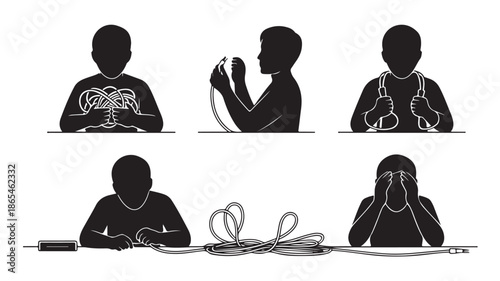 Human silhouettes struggling with tangled cords in a minimalist black and white vector illustration for technology frustration and problem-solving.