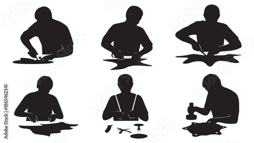 Craftsmen working with tools in a step-by-step process, industrial silhouette illustration in black and white for manufacturing and skill demonstration.