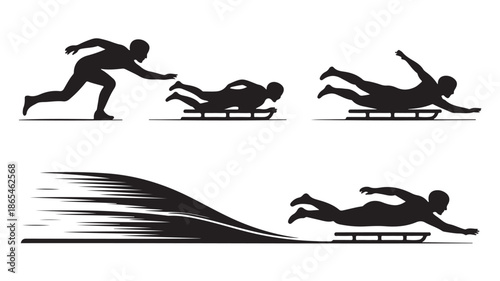 Luge and skeleton athletes in dynamic action with black silhouette vector illustration for winter sports branding.