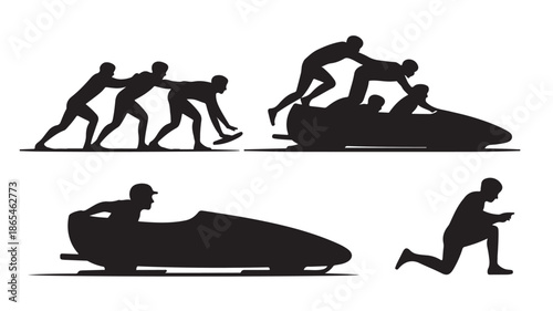 Bobsled team athletes in dynamic action with black and white graphic vector illustration for winter sports design.
