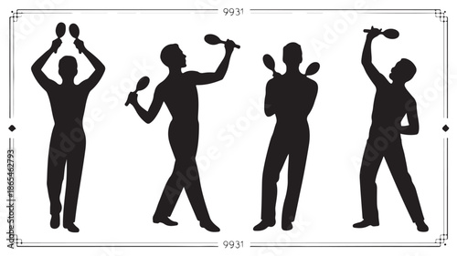 Juggling men silhouettes in dynamic artistic style with high contrast black and white vector graphic for performance art illustration.