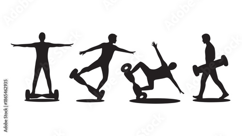 Hoverboard users in dynamic action silhouette style with black and white contrast vector illustration for modern lifestyle graphics.