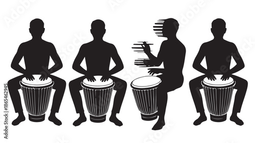 African djembe drummers in traditional rhythmic style with black silhouette and high contrast graphic illustration for music education and cultural events.