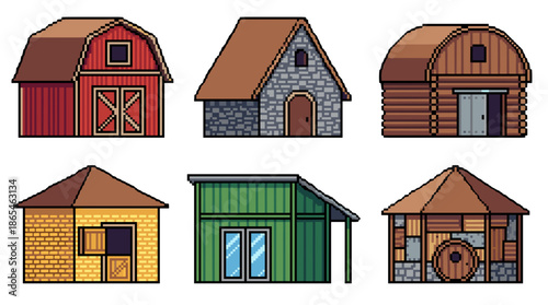 Six pixel art style illustrations of various rustic buildings including barns, sheds, and cabins, suitable for game assets.
