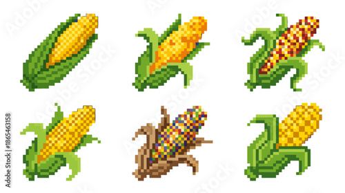 A collection of six pixel art illustrations depicting various corn cobs, some with green husks, others partially peeled, and one appearing dried or multicolored.