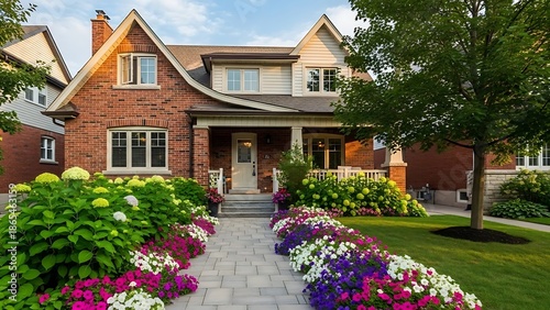 View of house exterior and front walkway and garden in summer, toronto, ontario, canada